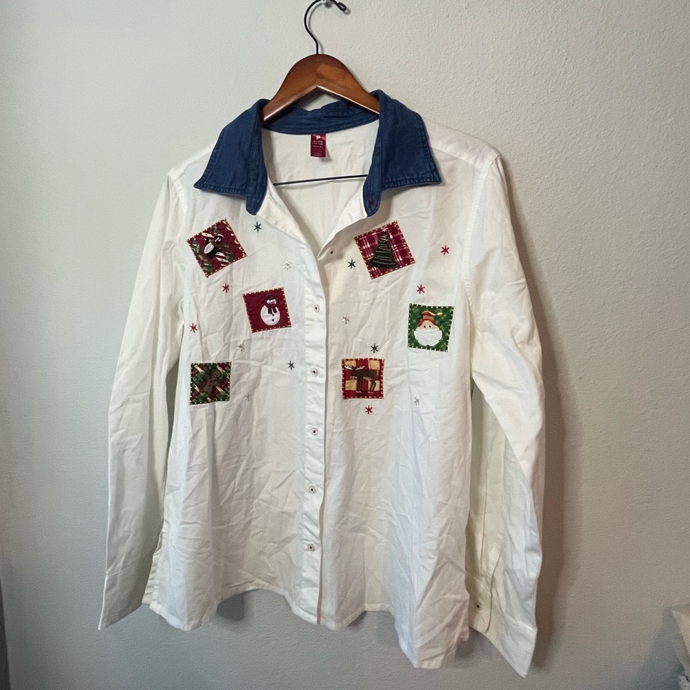 Festive White Shirt with Blue Collar Christmas in like new condition